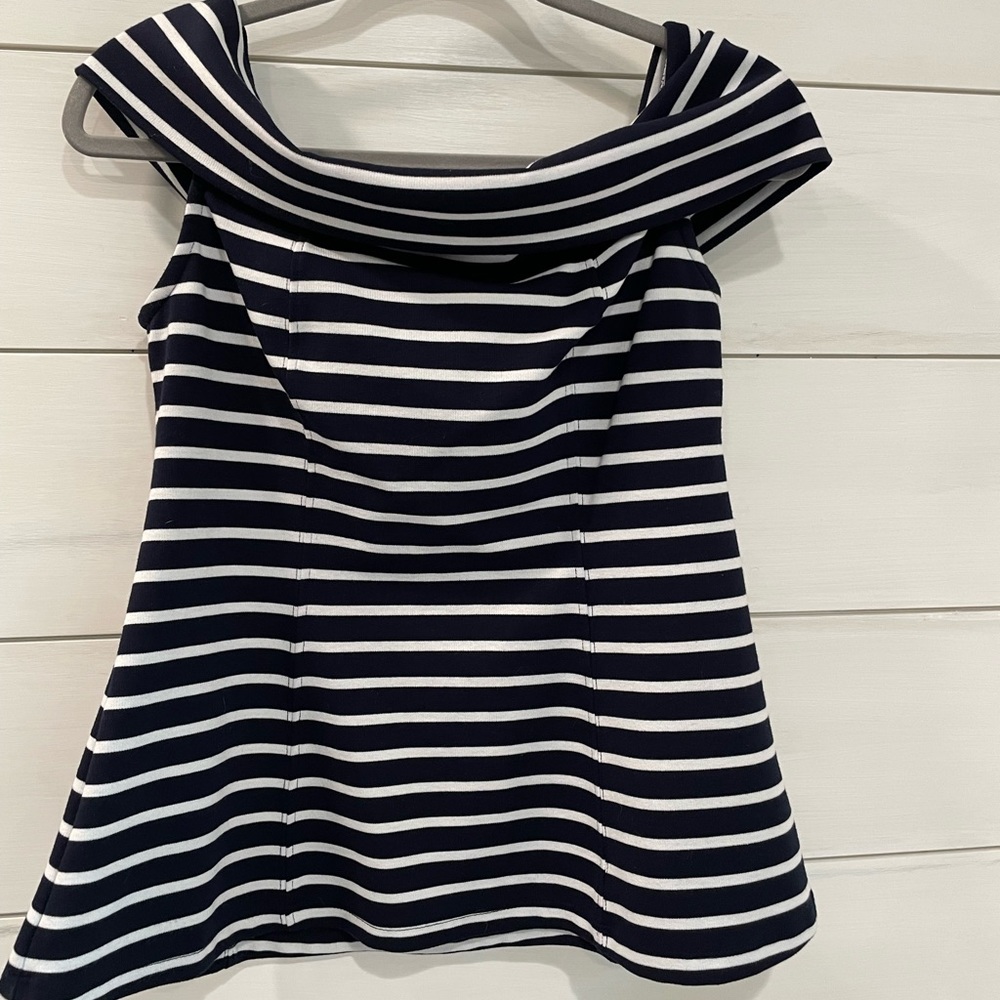 Maeve (Anthropologie) navy and white striped off the shoulder blouse